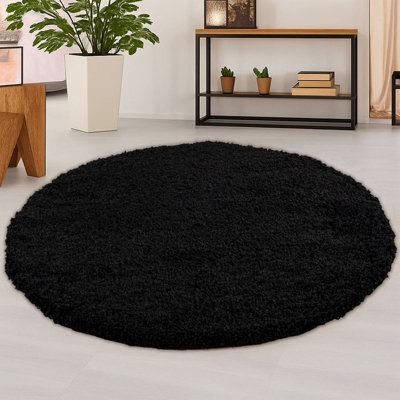STALWART 120Cm Round Black Shaggy Rug - 5Cm Thick Pile Soft Touch Modern Circular Rug - Washable Area Rug - image 1