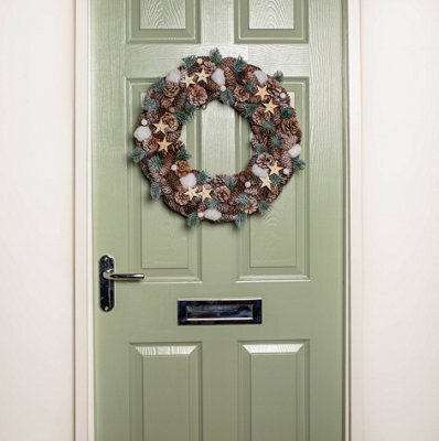 Samuel Alexander 50Cm Frosted Hanging Christmas Wreath With Pine Cones & Wooden Stars - image 1