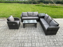 Fimous 7 Seater Wicker Pe Rattan Sofa Set Outdoor Patio Garden Furniture Set With Side Table Reclining Chairs Coffee Table - thumbnail 2