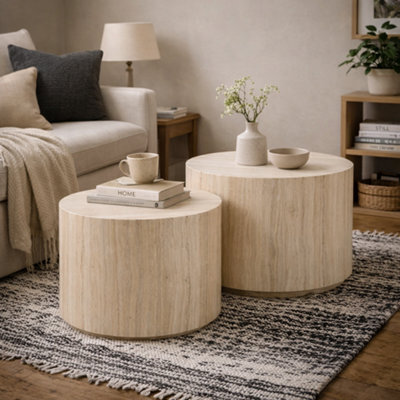 Wyld Haus Munkebo Set Of 2 Light Travertine-Effect Round Coffee Tables, Natural - image 1