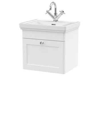 Balterley Swynnerton Traditional Bathroom Wall Hung 1-Drawer Vanity Unit & Fireclay Basin, Satin White, 500mm - image 1