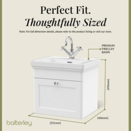 Balterley Swynnerton Traditional Bathroom Wall Hung 1-Drawer Vanity Unit & Fireclay Basin, Satin White, 500mm - thumbnail 5