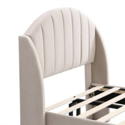 Abrihome 3Ft Single Bed With Slatted Frame And Headboard, Youth Bed, Wooden Slatted Support, Velvet, Beige - thumbnail 3