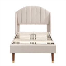 Abrihome 3Ft Single Bed With Slatted Frame And Headboard, Youth Bed, Wooden Slatted Support, Velvet, Beige - thumbnail 2