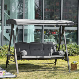 Outsunny 3 Seat Garden Swing Chair Patio Steel Swing Bench W/ Cup Trays Grey - thumbnail 1