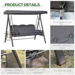 Outsunny 3 Seat Garden Swing Chair Patio Steel Swing Bench W/ Cup Trays Grey - thumbnail 6