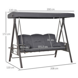 Outsunny 3 Seat Garden Swing Chair Patio Steel Swing Bench W/ Cup Trays Grey - thumbnail 3