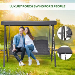 Outsunny 3 Seat Garden Swing Chair Patio Steel Swing Bench W/ Cup Trays Grey - thumbnail 7