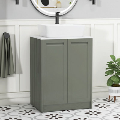 Royal Bathrooms Royal Bathroom Elmore 600mm Matt Green Freestanding Countertop Bathroom Vanity Unit 2 Door Plain White Worktop With Cube Basin - image 1