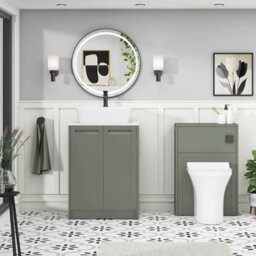 Royal Bathrooms Royal Bathroom Elmore 600mm Matt Green Freestanding Countertop Bathroom Vanity Unit 2 Door Plain White Worktop With Cube Basin - thumbnail 5