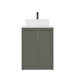 Royal Bathrooms Royal Bathroom Elmore 600mm Matt Green Freestanding Countertop Bathroom Vanity Unit 2 Door Plain White Worktop With Cube Basin - thumbnail 7