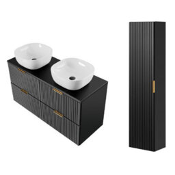 Impact Furniture Black Bathroom Cabinets Furniture Set Double Sink Vanity Unit Wall Hung 1200mm Worktop And Tallboy Ribbed Fluted Adel - thumbnail 3