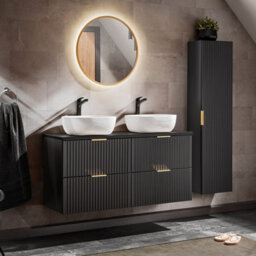 Impact Furniture Black Bathroom Cabinets Furniture Set Double Sink Vanity Unit Wall Hung 1200mm Worktop And Tallboy Ribbed Fluted Adel - thumbnail 1