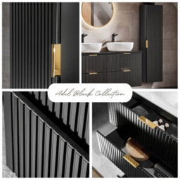 Impact Furniture Black Bathroom Cabinets Furniture Set Double Sink Vanity Unit Wall Hung 1200mm Worktop And Tallboy Ribbed Fluted Adel - thumbnail 2