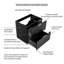Impact Furniture Black Bathroom Cabinets Furniture Set Double Sink Vanity Unit Wall Hung 1200mm Worktop And Tallboy Ribbed Fluted Adel - thumbnail 7