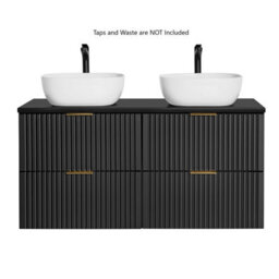 Impact Furniture Black Bathroom Cabinets Furniture Set Double Sink Vanity Unit Wall Hung 1200mm Worktop And Tallboy Ribbed Fluted Adel - thumbnail 5