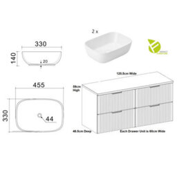 Impact Furniture Black Bathroom Cabinets Furniture Set Double Sink Vanity Unit Wall Hung 1200mm Worktop And Tallboy Ribbed Fluted Adel - thumbnail 6