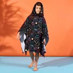 OHS Kids Poncho Beach Towel Hooded Quick Dry Microfibre Holiday, Black Gaming - thumbnail 2
