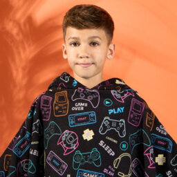 OHS Kids Poncho Beach Towel Hooded Quick Dry Microfibre Holiday, Black Gaming - thumbnail 4