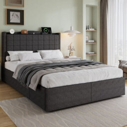 Merax 4Ft6 Double Bed 135 X 190 Cm, Linen Upholstered Storage Bed With 4 Drawers, Charging Port And Soft Headboard, Grey - thumbnail 3