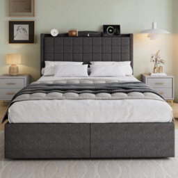 Merax 4Ft6 Double Bed 135 X 190 Cm, Linen Upholstered Storage Bed With 4 Drawers, Charging Port And Soft Headboard, Grey - thumbnail 2