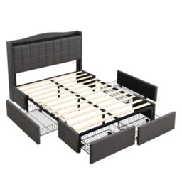 Merax 4Ft6 Double Bed 135 X 190 Cm, Linen Upholstered Storage Bed With 4 Drawers, Charging Port And Soft Headboard, Grey - thumbnail 7