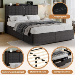 Merax 4Ft6 Double Bed 135 X 190 Cm, Linen Upholstered Storage Bed With 4 Drawers, Charging Port And Soft Headboard, Grey - thumbnail 6
