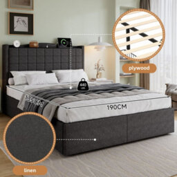 Merax 4Ft6 Double Bed 135 X 190 Cm, Linen Upholstered Storage Bed With 4 Drawers, Charging Port And Soft Headboard, Grey - thumbnail 5