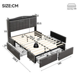 Merax 4Ft6 Double Bed 135 X 190 Cm, Linen Upholstered Storage Bed With 4 Drawers, Charging Port And Soft Headboard, Grey - thumbnail 4