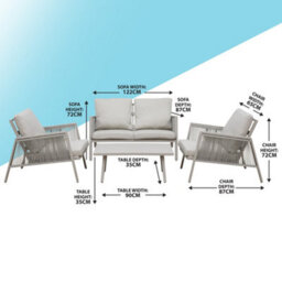 Loops Premium 4 Seater Garden Coffee Table Set - 4Pc Grey Aluminium Rope Sofa Cushions - thumbnail 6