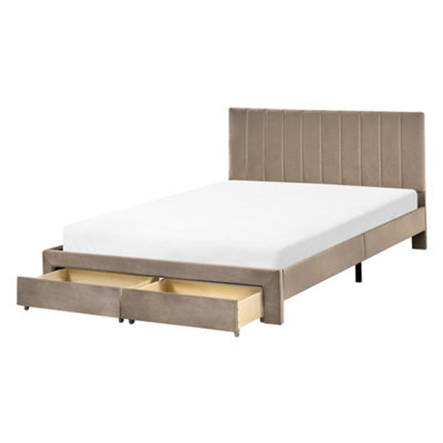 Beliani Bed With Storage Drawers Velvet Lonzac 140 X 200 Cm (Eu Double) Taupe - image 1