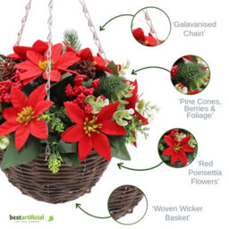 Best Artificial 28Cm Red Poinsettia Flower Christmas Decoration Hanging Basket - Suitable For Outdoor Use - thumbnail 3