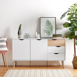 Vonhaus Large Sideboard, Wide Storage Cabinet, White & Oak Wood Effect Sideboard W/ 2 Doors - For Living Room, Lounge & Hallway - thumbnail 2