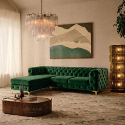 Monaco Chesterfield 3 Seater Chaise Sofa Green Velvet L Shaped Corner Chaise- Left Hand Deep Buttoned Upholstery Couch Lounge - thumbnail 1