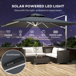 Outsunny Garden Cantilever Parasol, Patio Umbrella W/ Solar Led Lights, Grey - thumbnail 4