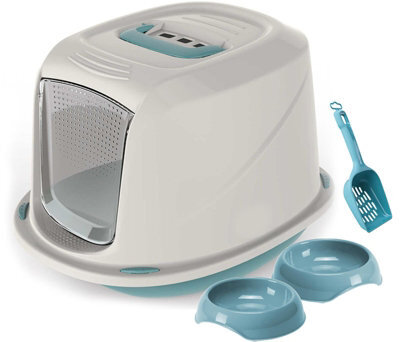 Cat Centre.Direct Cat Centre Medium Blue Cat Hooded Litter Tray Bundle With 2 Bowls And Scoop - image 1
