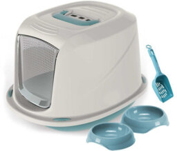 Cat Centre.Direct Cat Centre Medium Blue Cat Hooded Litter Tray Bundle With 2 Bowls And Scoop