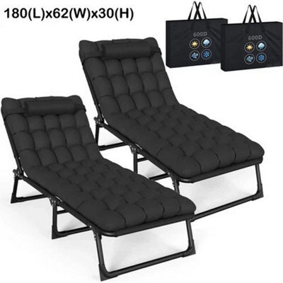 Double Black Reclining Sun Lounger Garden Folding Chair Bed Recliner Beach Camping - image 1