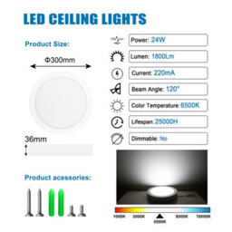 Komore 24W Led Cool White Flush Mount Ceiling Light, 1800Lm 6500K - thumbnail 2
