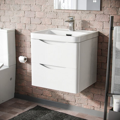 Nes Home 500mm White Wall Hung Basin Vanity Unit 2 Drawer Bathroom Storage Cabinet Gloss - image 1