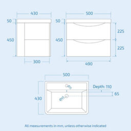 Nes Home 500mm White Wall Hung Basin Vanity Unit 2 Drawer Bathroom Storage Cabinet Gloss - thumbnail 8
