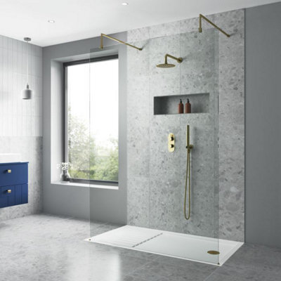 Dezine 8mm Brushed Brass 1700 X 900mm Fixed Side And End Screens With Shower Tray - image 1