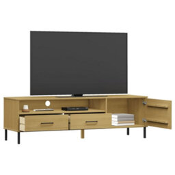 Berkfield Tv Cabinet With Metal Legs Brown Solid Wood Pine Oslo - thumbnail 3