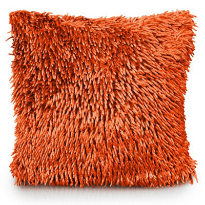 Velosso Velvet Touch Shaggy Chenille Cushion, Soft Texture, Zip Closure, Machine Washable, Luxury Living Room Decor - Orange