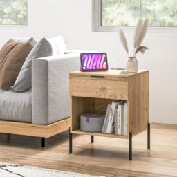 Costway Modern Nightstand W/ Charging Station & Drawer Wooden Bedside Table Natural - thumbnail 3