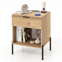 Costway Modern Nightstand W/ Charging Station & Drawer Wooden Bedside Table Natural - thumbnail 1