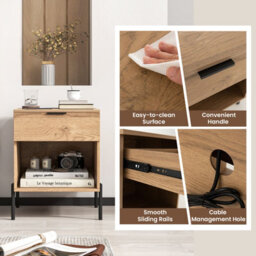 Costway Modern Nightstand W/ Charging Station & Drawer Wooden Bedside Table Natural - thumbnail 8