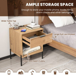 Costway Modern Nightstand W/ Charging Station & Drawer Wooden Bedside Table Natural - thumbnail 6