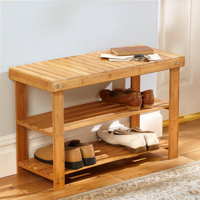 3 Tier Bamboo Shoe Rack - Wooden Shoe Stand Storage Organizer Bench For Hallway, Entryway, Living Room - H45 X W70 X D28.5Cm - image 1