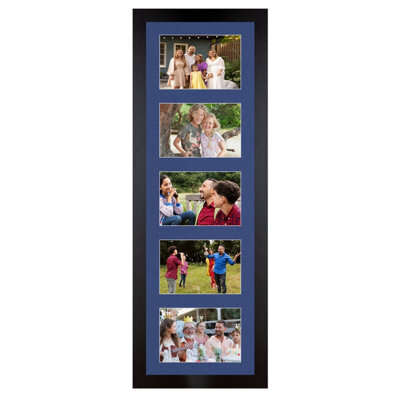 AK Frames 26X8 Matte Black Modern Multi Photo Frame With Blue Mount - Holds 5 Apertures (5X) 6X4 Photos - image 1